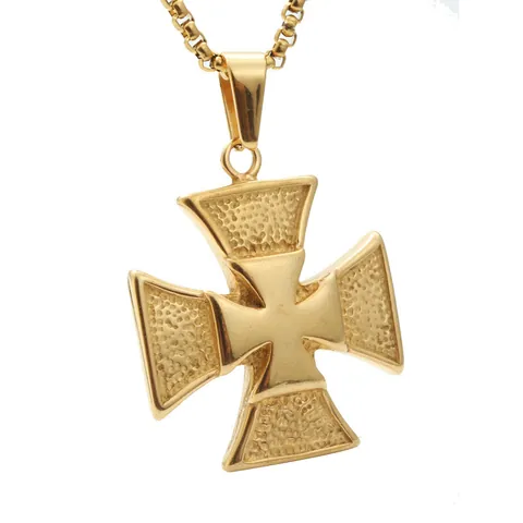 Vintage Gold Titanium Steel Maltese Cross Pendant Necklace Hammered Iron Cross Box Chain Jewelry For Unisex Gift
