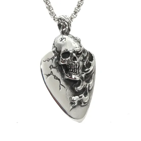 Gothic Punk Skull Guitar Pick Pendant Necklace For Men Women Stainless Steel Rock Jewelry Vintage Distressed Necklace