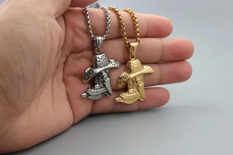 Retro Stainless Steel Cowboy Hat And Boot Pendant Necklace For Men Women Western Star Pattern Fashion Jewelry Gift Idea