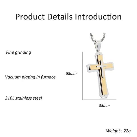 316L Roestvrij Staal Drielagig Kruis Hanger Halsketting Goud Zilver Tweekleurig Religieuze Mode Sieraden Voor Heren Dames