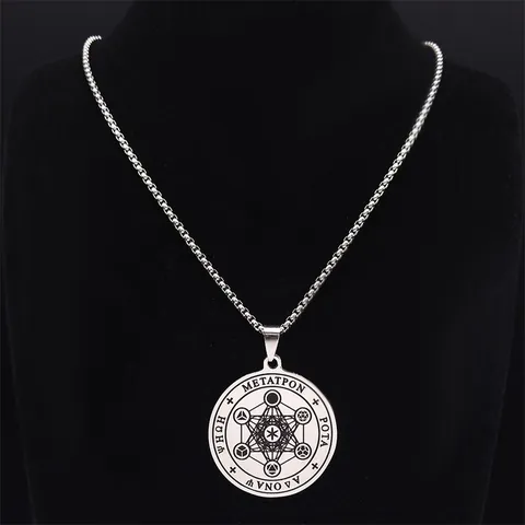 Collier Pendentif Cube de Métatron en Acier Inoxydable Rétro Géométrie Sacrée Médaille Ronde Chaîne Box pour Homme Femme