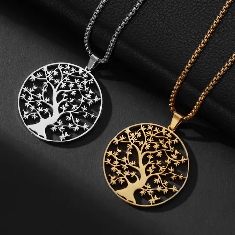 Collier Pendentif Arbre de Vie en Acier Inoxydable Design Rond Creux Bijoux de Mode pour Hommes Femmes Unisexe