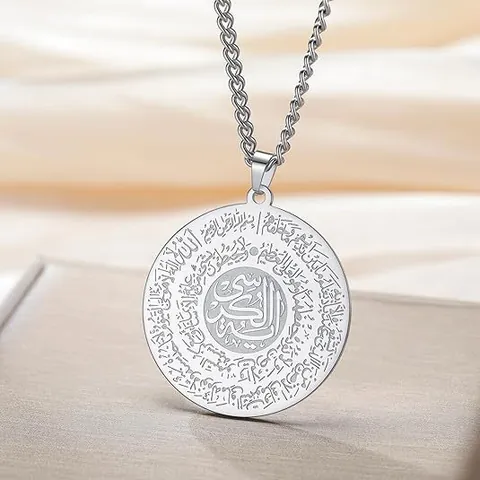Collier Pendentif Médaillon Rond en Acier Inoxydable Vintage Calligraphie Arabe Hommes Femmes Hip Hop Bijoux Religieux