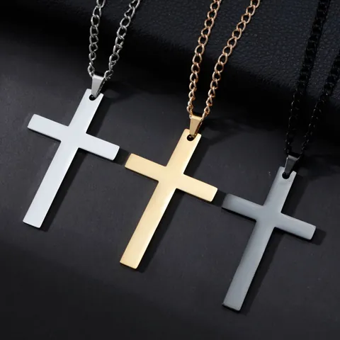 Collier Minimaliste avec Pendentif Croix en Acier Inoxydable pour Hommes Femmes Bijoux Unisexes Cadeau Religieux Or Argent Noir Chaîne Gourmette