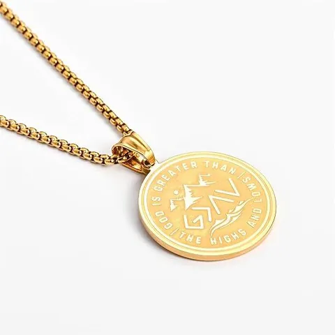 Stainless Steel God Is Greater Than The Highs And Lows Pendant Necklace Round Medallion Box Chain Inspirational Jewelry