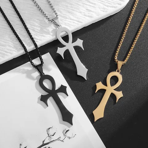 Vintage Ankh Cross Pendant Necklace For Men Women Stainless Steel Box Chain Gold Silver Black Gothic Egyptian Religious Jewelry