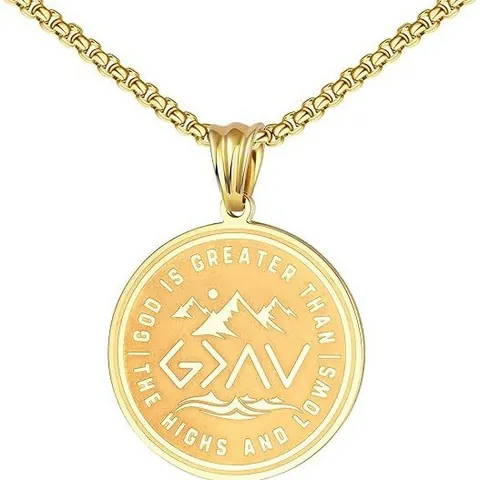 Stainless Steel God Is Greater Than The Highs And Lows Pendant Necklace Round Medallion Box Chain Inspirational Jewelry