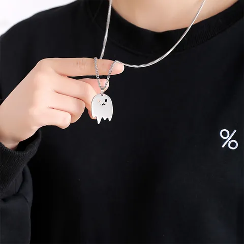 Collar con Colgante de Fantasma de Acero Inoxidable Minimalista Unisex Halloween Hip Hop Joyería Regalo para Hombre Mujer Plateado