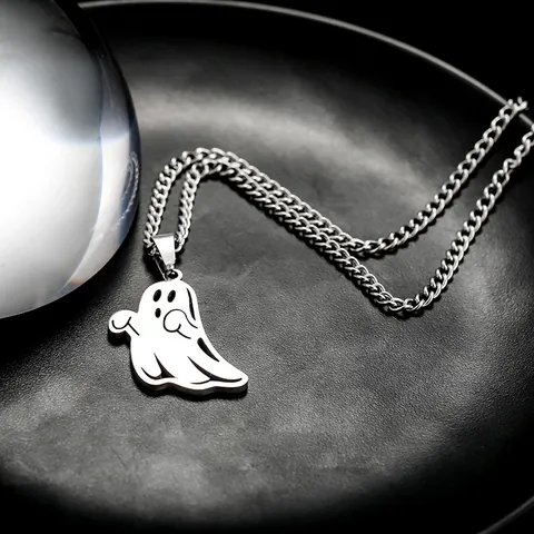 Cute Halloween Cartoon Ghost Pendant Necklace Polished Titanium Steel Silver Tone Individual Jewelry For Women Men Gift