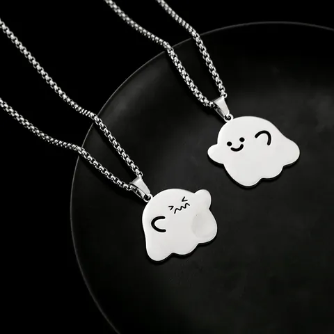 Titanium Steel Cartoon Ghost Pendant Necklace For Couples Friends Hollow Heart Halloween Jewelry Polished Silver Necklace
