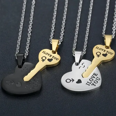 Stainless Steel Heart And Key Puzzle Couple Necklace Set Romantic I Love You Engraved Matching Pendant Necklaces For Lovers Anniversary Gift