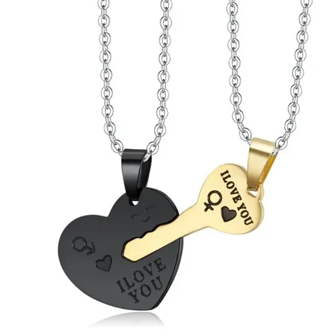 Stainless Steel Heart And Key Puzzle Couple Necklace Set Romantic I Love You Engraved Matching Pendant Necklaces For Lovers Anniversary Gift