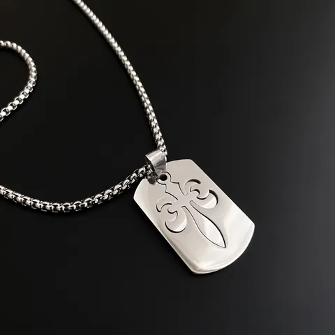 Collier Unisexe en Acier Inoxydable Avec Pendentif Plaque d'Identité Ajourée Croix Fleur De Lys Bijoux Style Punk Homme Femme