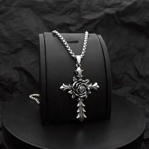 Vintage Gotik Rose Kreuz Anhänger Halskette Edelstahl Antik Silber Schmuck Für Damen Herren Retro Punk Stil Accessoire