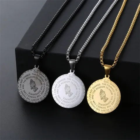 Stainless Steel Praying Hands Pendant Necklace For Men Women Serenity Prayer Engraved Round Coin Religious Jewelry Gift