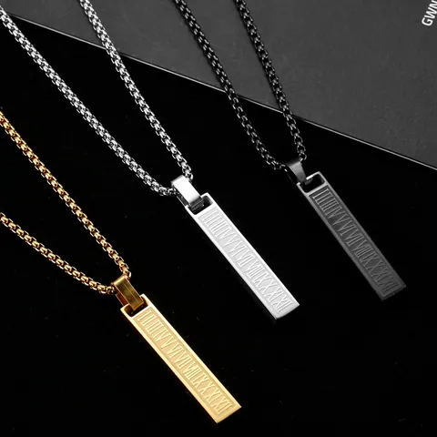 Stainless Steel Roman Numeral Vertical Bar Pendant Necklace Hip Hop Unisex Box Chain Minimalist Jewelry Mens Accessories