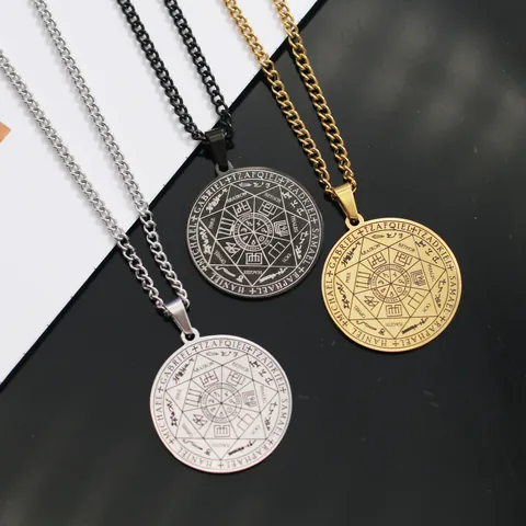 Collar con Colgante de Sello de los Siete Arcángeles de Acero Inoxidable Místico Amuleto Religioso para Hombre Mujer Joyería Redonda Retro