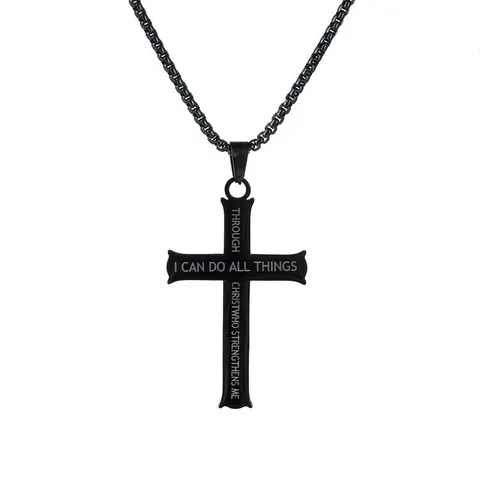Stainless Steel Cross Pendant Necklace For Men Women Religious Bible Verse Engraved Inspirational Jewelry Fashion Box Chain