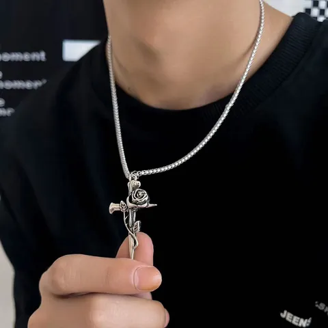 Gothic Rose Cross Pendant Necklace Stainless Steel Box Chain Vintage Silver Retro Jewelry For Men Women