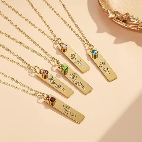 Stainless Steel Birth Flower Pendant Necklace For Women Gold Plated Zirconia Rectangular Floral Jewelry Personalized Birthday Gift