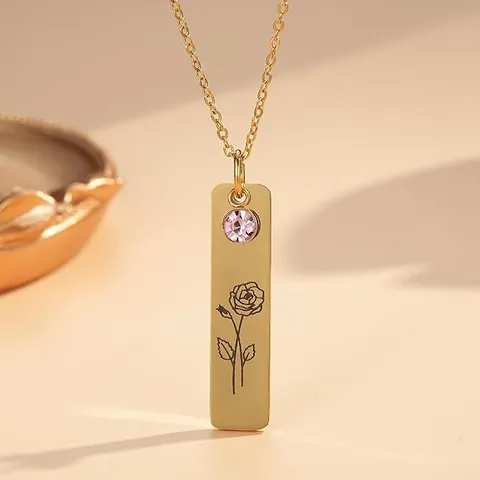 Stainless Steel Birth Flower Pendant Necklace For Women Gold Plated Zirconia Rectangular Floral Jewelry Personalized Birthday Gift