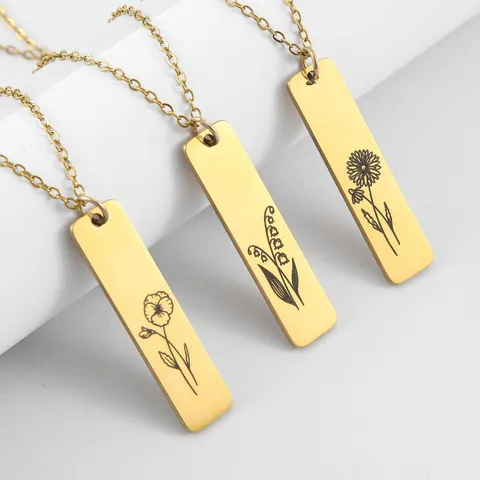 Stainless Steel Flower Engraved Rectangle Bar Pendant Necklace Gold Plated Botanical Rose Daisy Jewelry For Women Gift