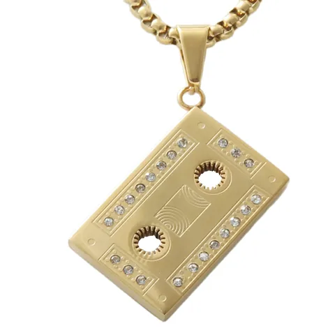 Collar con Colgante de Casete Retro Hip Hop para Hombre Mujer de Acero Inoxidable Zirconia Diamante de Imitación Cadena de Caja Joyería Urbana