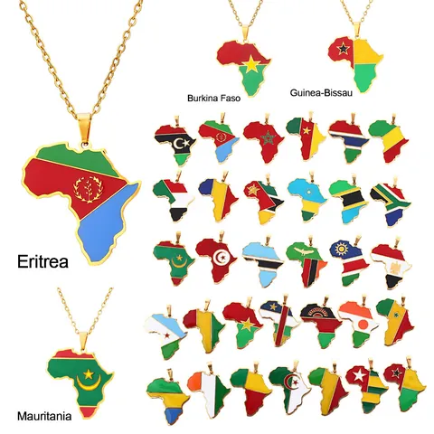 Collar de Colgante de Mapa de África de Acero Inoxidable Chapado en Oro Esmalte Bandera Nacional Joyería Étnica para Hombres Mujeres