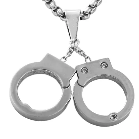 Punk Vintage Stainless Steel Handcuff Pendant Necklace With Zirconia Interlocking Love Forever Engraved Jewelry For Men Women