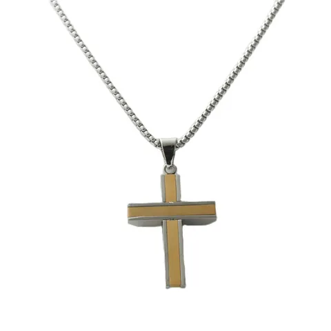 Collana con Pendente a Croce in Acciaio Inossidabile Vintage Punk per Uomo Oro Argento Bicolore Zirconia Quadrata Intarsiata Gioielli Religiosi