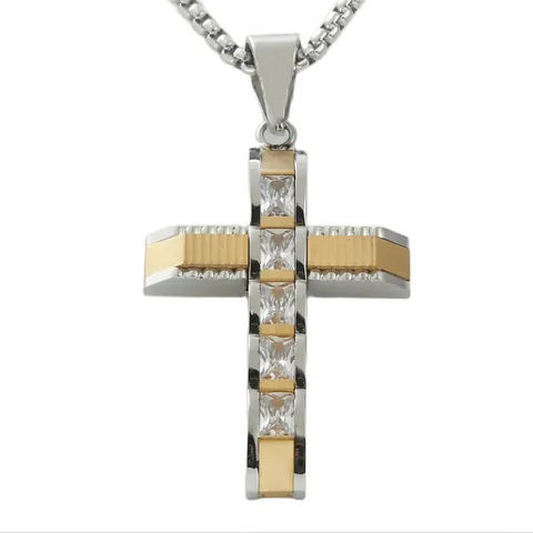 Collana con Pendente a Croce in Acciaio Inossidabile Vintage Punk per Uomo Oro Argento Bicolore Zirconia Quadrata Intarsiata Gioielli Religiosi