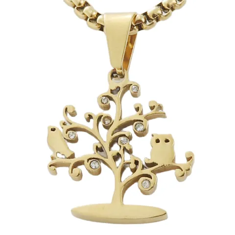 Vintage Stainless Steel Tree of Life Pendant Necklace For Men Women Gold Silver Plated Hollow Owl Bird Design Rhinestone Family Tree Jewelry