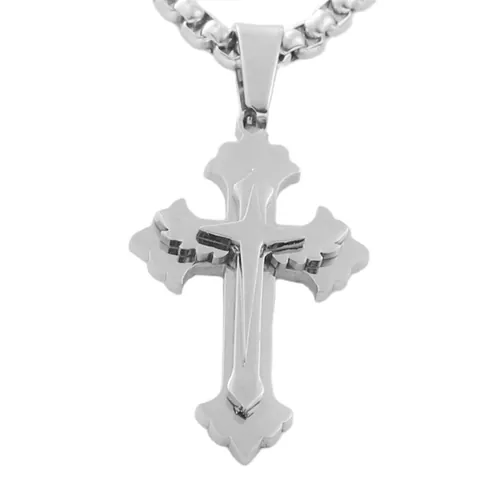 Vintage Edelstahl Mehrlagige Kreuz Anhänger Halskette Für Herren Retro Punk Flügel Design Polierter Metall Schmuck Geschenk