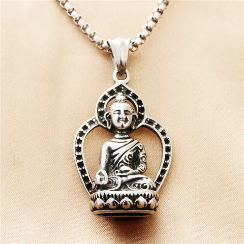 Vintage Stainless Steel Buddha Pendant Necklace For Men Retro Punk Religious Jewelry With Box Chain Silver Buddha Head Necklace