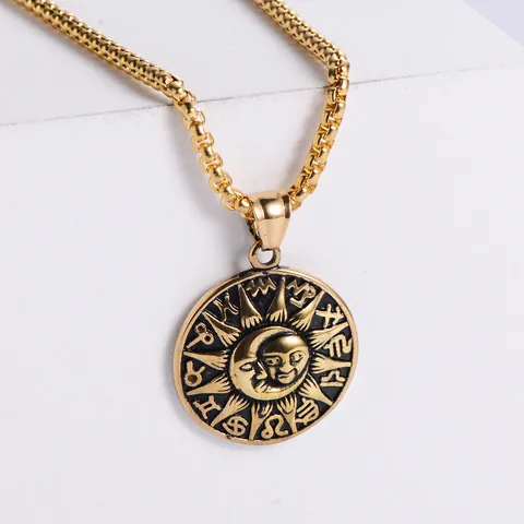 Ciondolo Medaglione Sole Luna 12 Costellazioni Retrò Acciaio Inossidabile 304 Gioielli Punk Vintage Per Uomo Donna