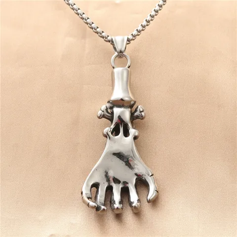 Vintage Stainless Steel Skull Skeleton Hand Claw Pendant Necklace For Men Gothic Punk Biker Jewelry Gift