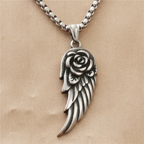 Collana con Ciondolo a Forma di Ala e Rosa in Acciaio Inossidabile Vintage Gotico Punk Gioielli Argentati per Uomo