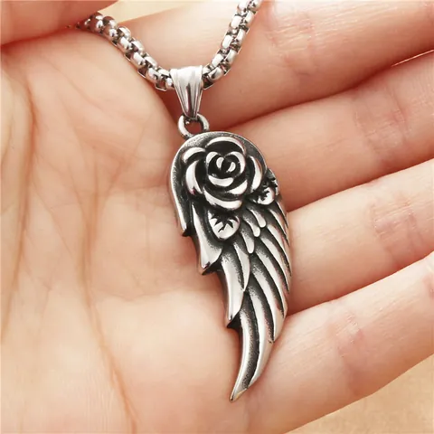 Collana con Ciondolo a Forma di Ala e Rosa in Acciaio Inossidabile Vintage Gotico Punk Gioielli Argentati per Uomo