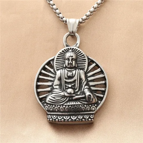Vintage Stainless Steel Buddha Pendant Necklace For Men Retro Religious Jewelry Titanium Steel Gold Black Silver Necklace