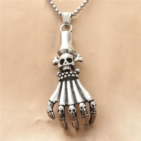 Vintage Stainless Steel Skull Skeleton Hand Claw Pendant Necklace For Men Gothic Punk Biker Jewelry Gift