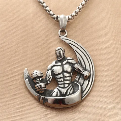 Vintage Titanium Steel Crescent Moon Muscle Man Weightlifting Pendant Necklace For Men Fitness Bodybuilding Jewelry Silver Tone