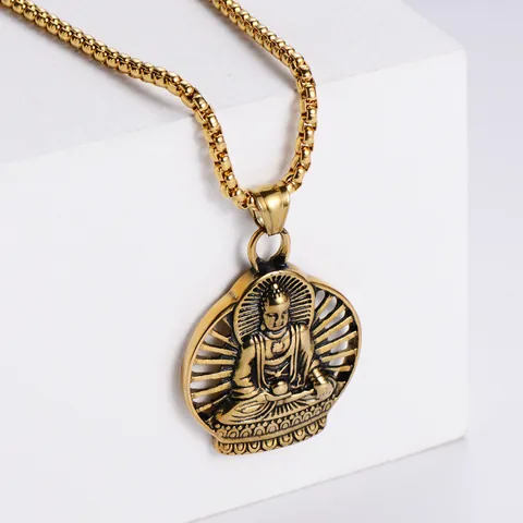 Buddha Pendant Necklace 304 Stainless Steel Religious Buddhism Meditating Round Hollow Jewelry For Men Women