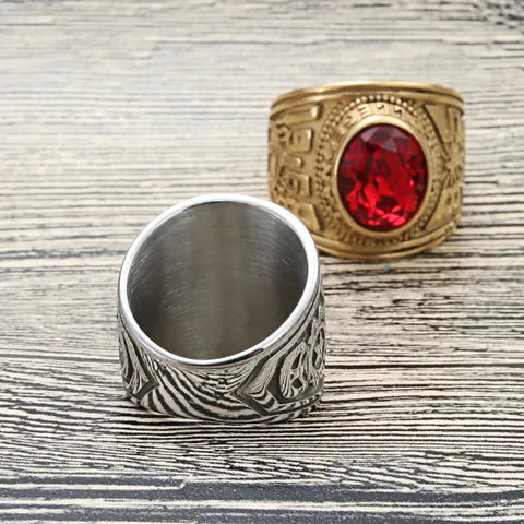 Vintage Stainless Steel Signet Ring For Men With Colorful Gemstone Inlaid Retro Punk College Style 1968 Legend Manhattan Relief Ring Jewelry Gift