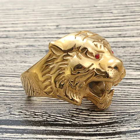 Vintage Punk Men's 316 Stainless Steel Tiger Head Ring With Red Zirconia Eyes Gold Plated Animal Finger Jewelry Gift