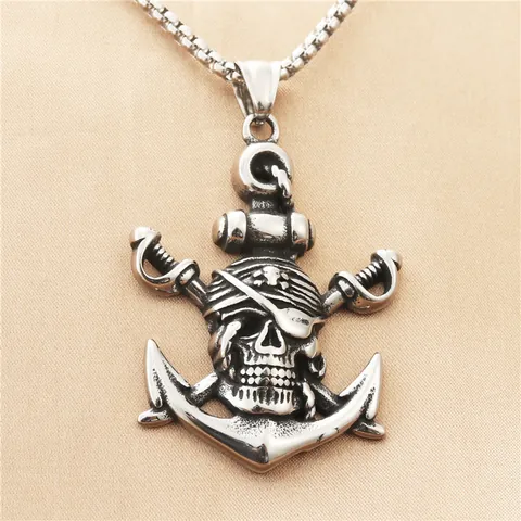 Men's Stainless Steel Pirate Skull Anchor Pendant Necklace Retro Punk Gothic Nautical Jewelry Gift