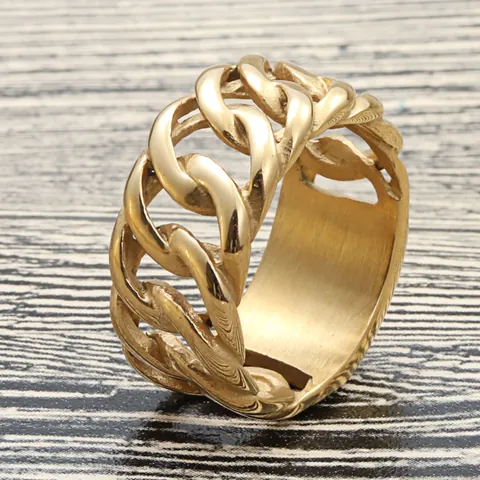Men Retro 316 Titanium Steel Hollow Chain Ring Vintage Punk Gold Plated Stainless Steel Rectangular Flat Top Band Ring Jewelry
