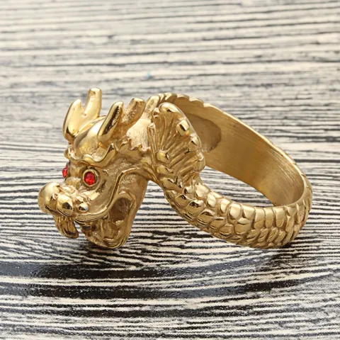 Vintage Punk Stainless Steel Dragon Ring For Men Gold Plated With Red Rhinestone Eyes Hip Hop Fashion Jewelry Gift