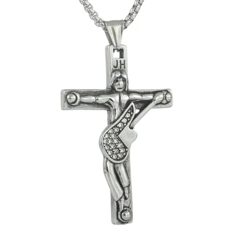 Vintage Stainless Steel Cross Guitar Figure Pendant Necklace With Rhinestones Individual Rock Hip Hop Silver Jewelry For Men