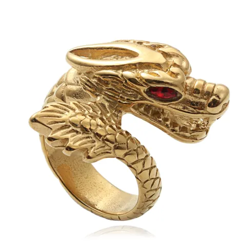 Vintage Dragon Head Stainless Steel Ring For Men Punk Gothic Jewelry With Red Zirconia Eyes Retro Dragon Scales Ring