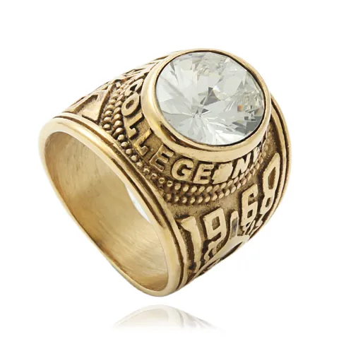 Vintage Stainless Steel Signet Ring For Men With Colorful Gemstone Inlaid Retro Punk College Style 1968 Legend Manhattan Relief Ring Jewelry Gift